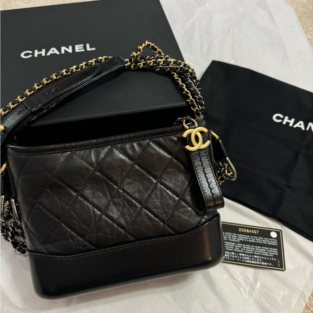 💯 Authentic Chanel Black Quilted Calfskin Small Gabrielle Hobo Bag